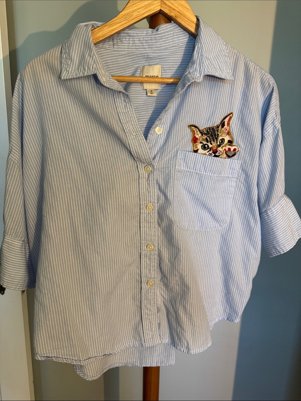 Maeve Light Blue & White Striped Button-Up with Kitten Patch